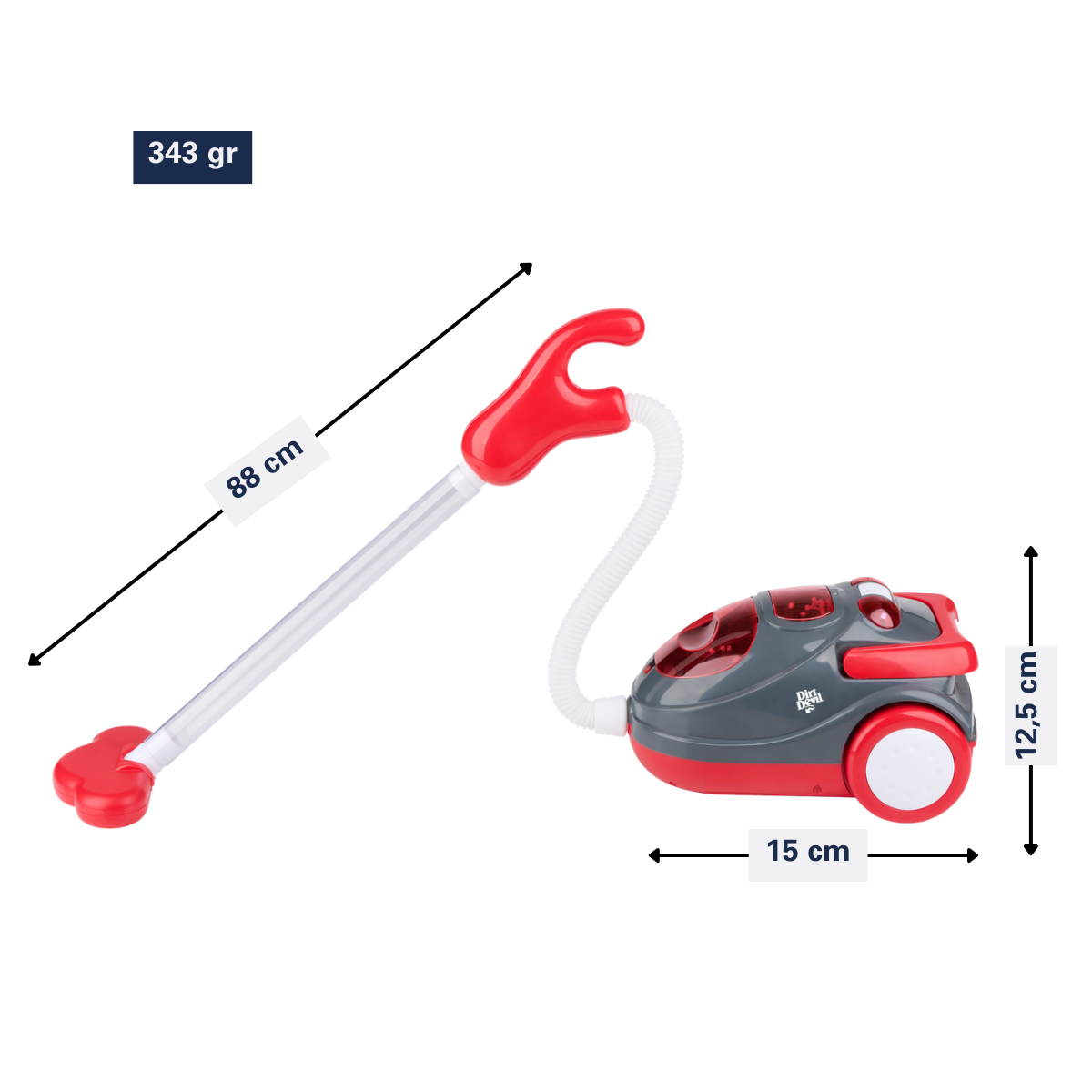 Gray toy vacuum cleaner with red handle and hose. Lengths are indicated.