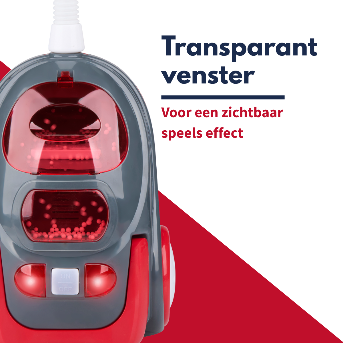 Gray and red toy vacuum cleaner with transparent windows showing red beads.