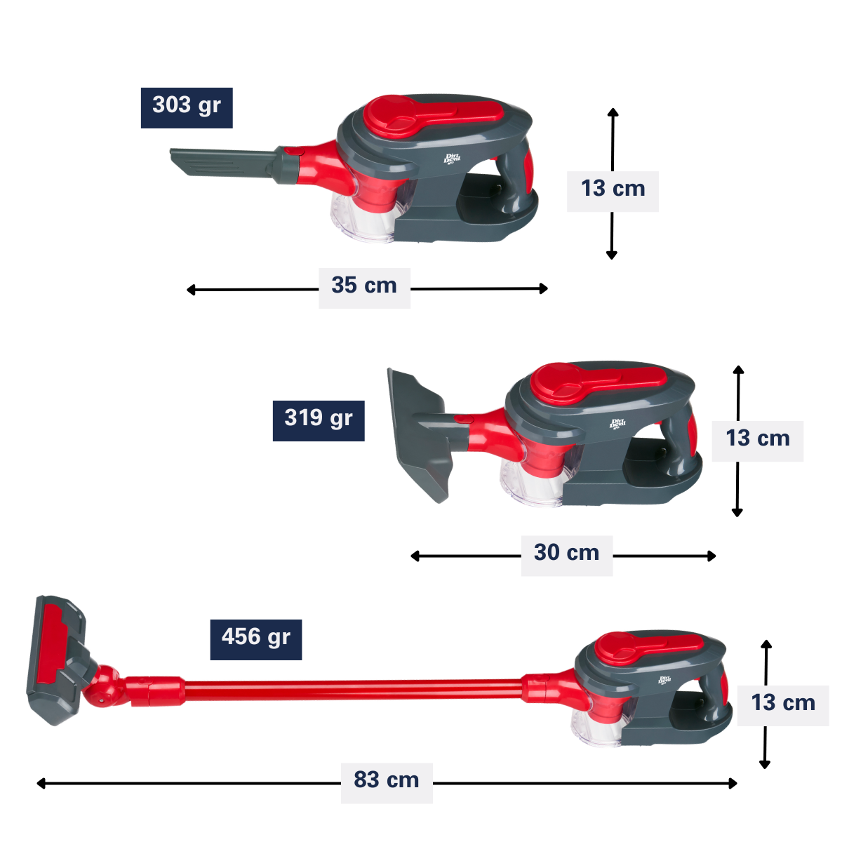 Three gray and red handheld vacuums with dimensions and weights shown.