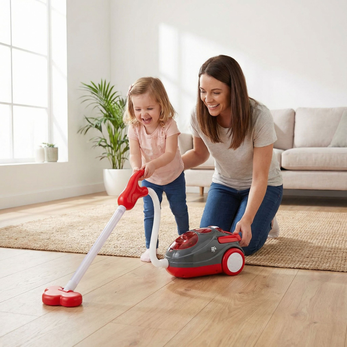 Mother and child playing with a toy vacuum cleaner in a living room on a rug.