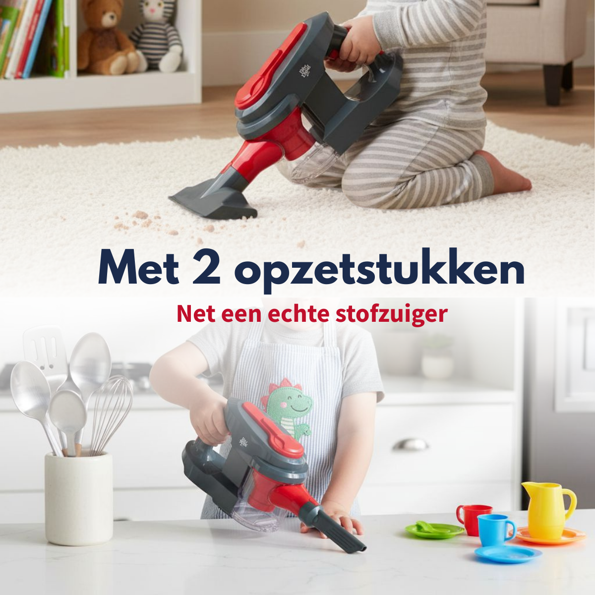 Child vacuums carpet with toy vacuum. Toy kitchen with utensils below.
