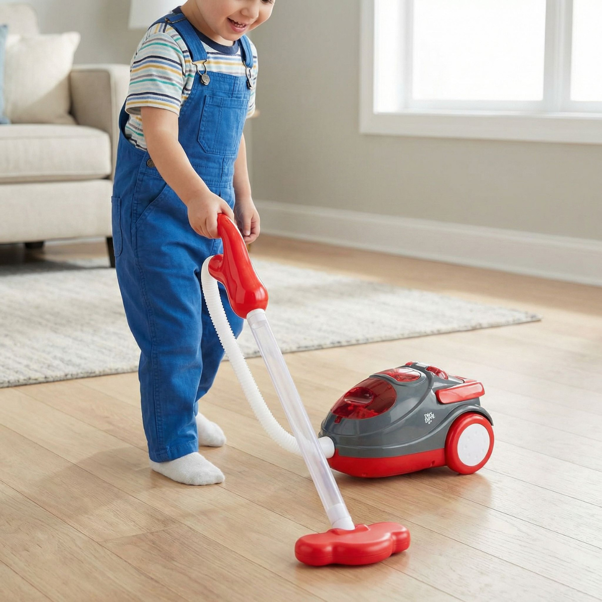 A child in blue overalls plays with a toy vacuum cleaner.