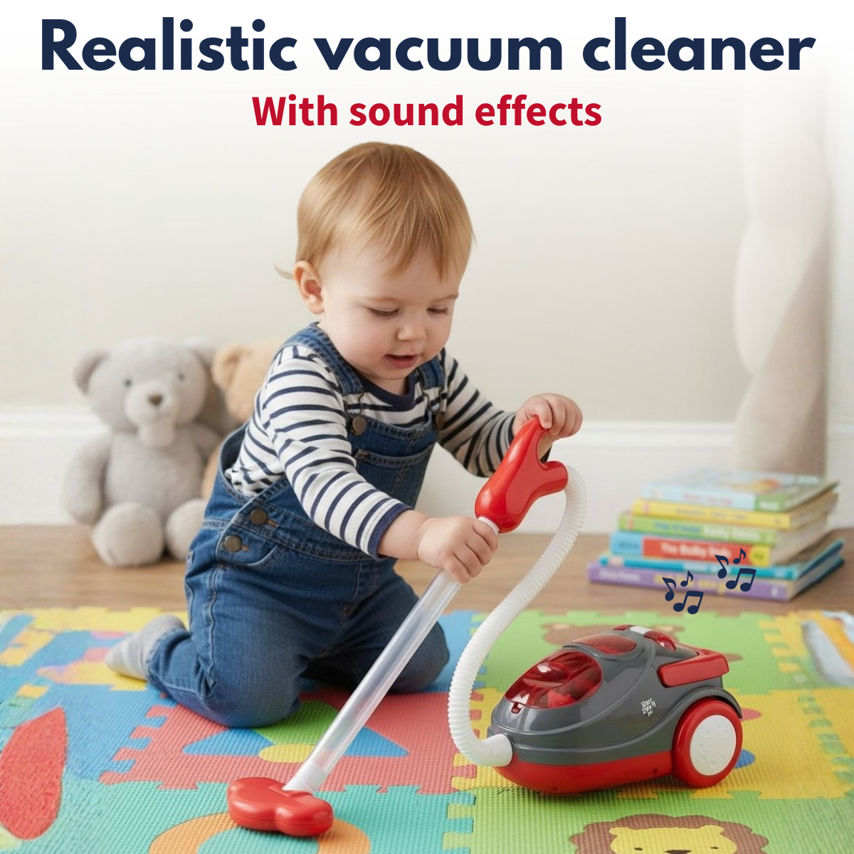 A baby plays with a toy vacuum cleaner on a colorful mat next to teddy bears.
