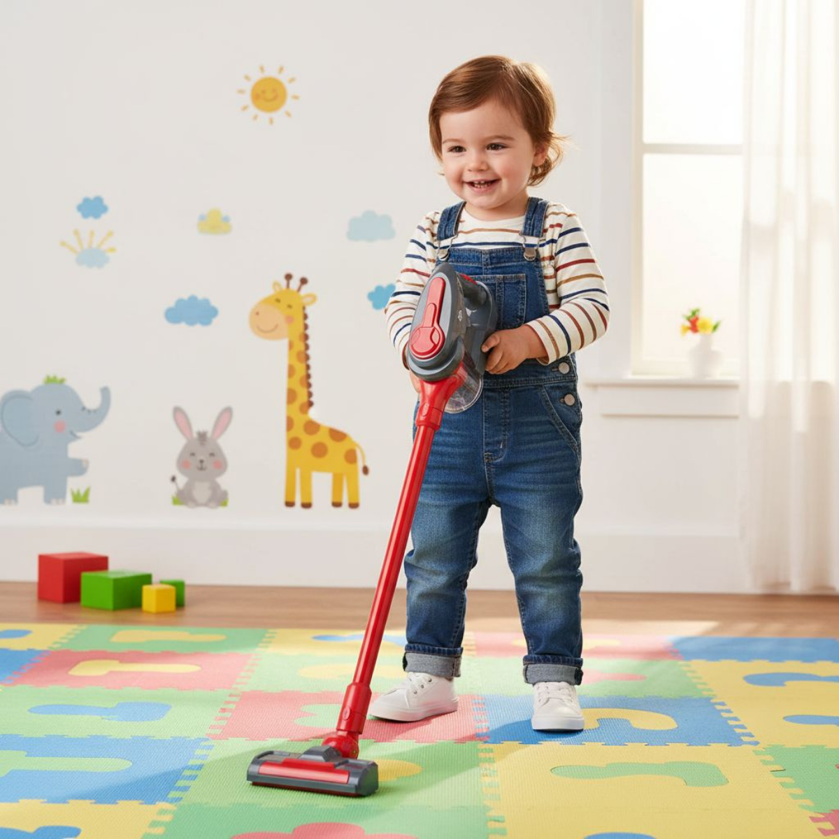 A toddler in overalls holds a red toy vacuum cleaner on a colorful mat.