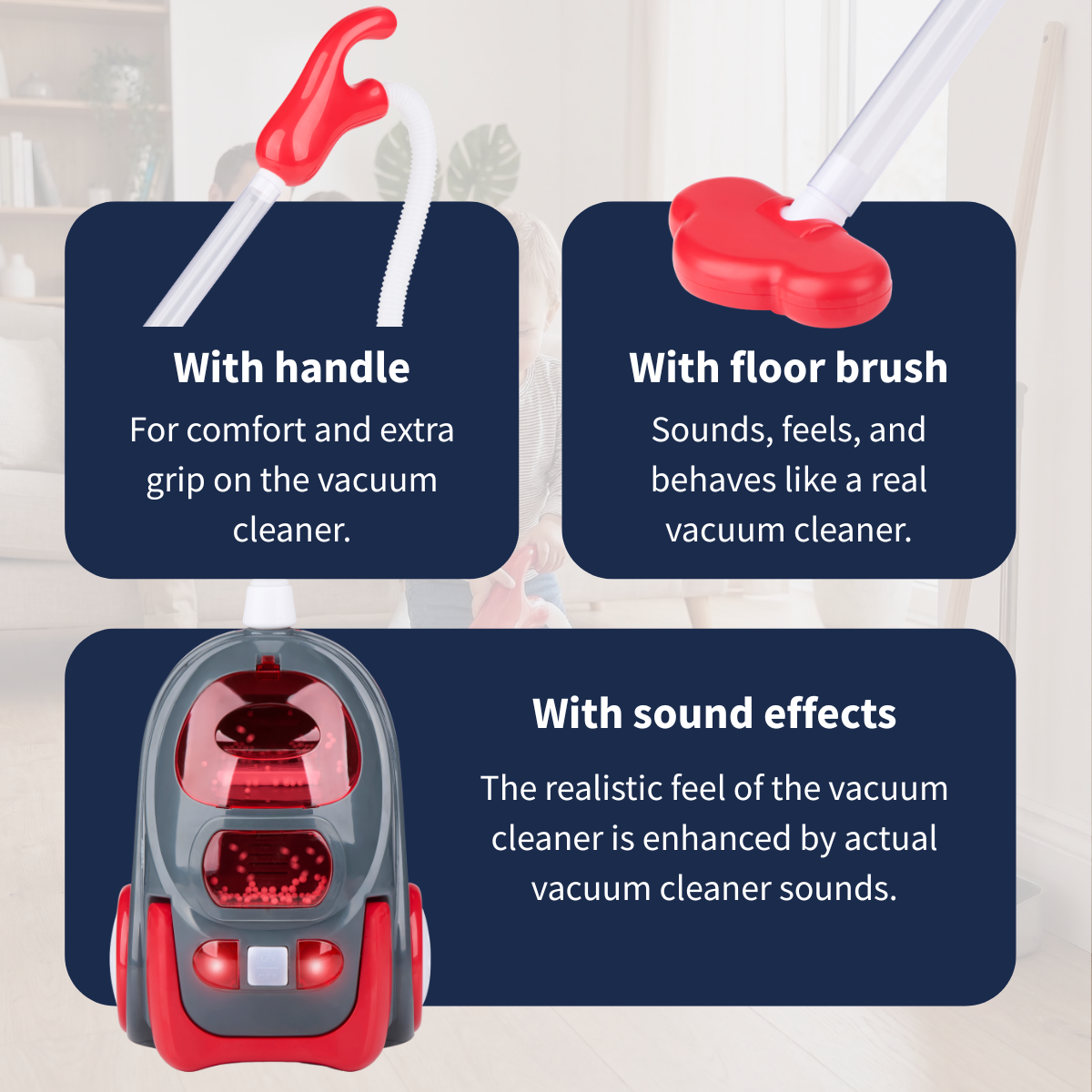 Toy vacuum cleaner with handle, floor brush, and sound effects.