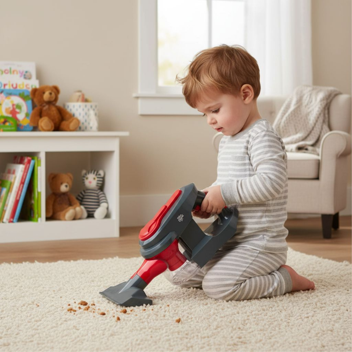 Toddler boy vacuums carpet with toy vacuum. Teddy bears on shelf.