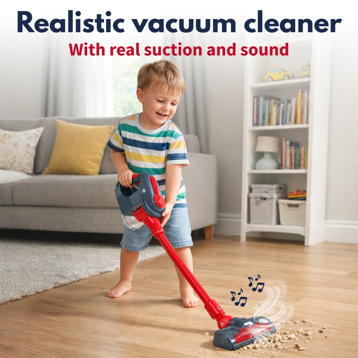 A boy vacuums crumbs with a toy vacuum cleaner.