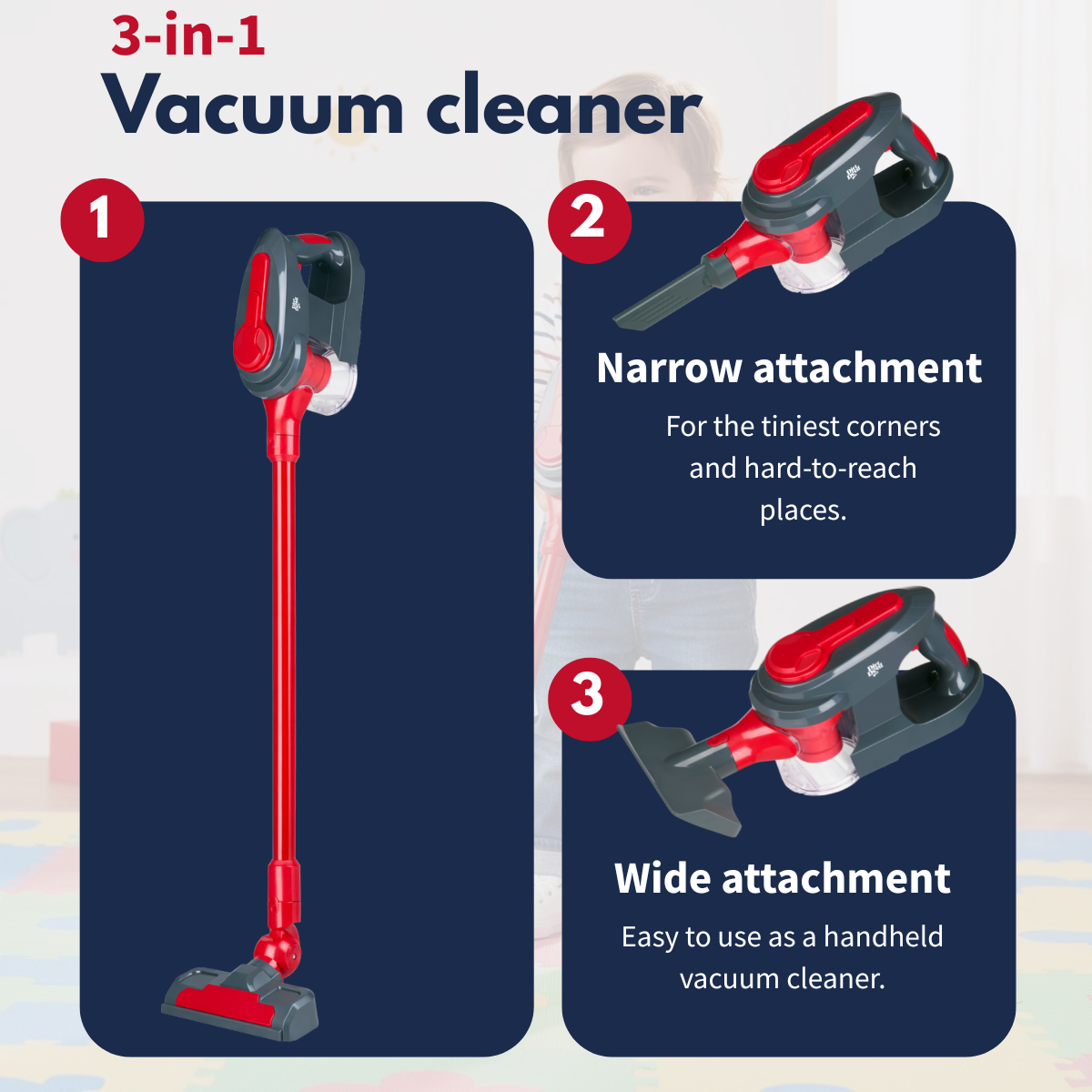 A red and gray 3-in-1 vacuum cleaner with narrow and wide attachments shown.