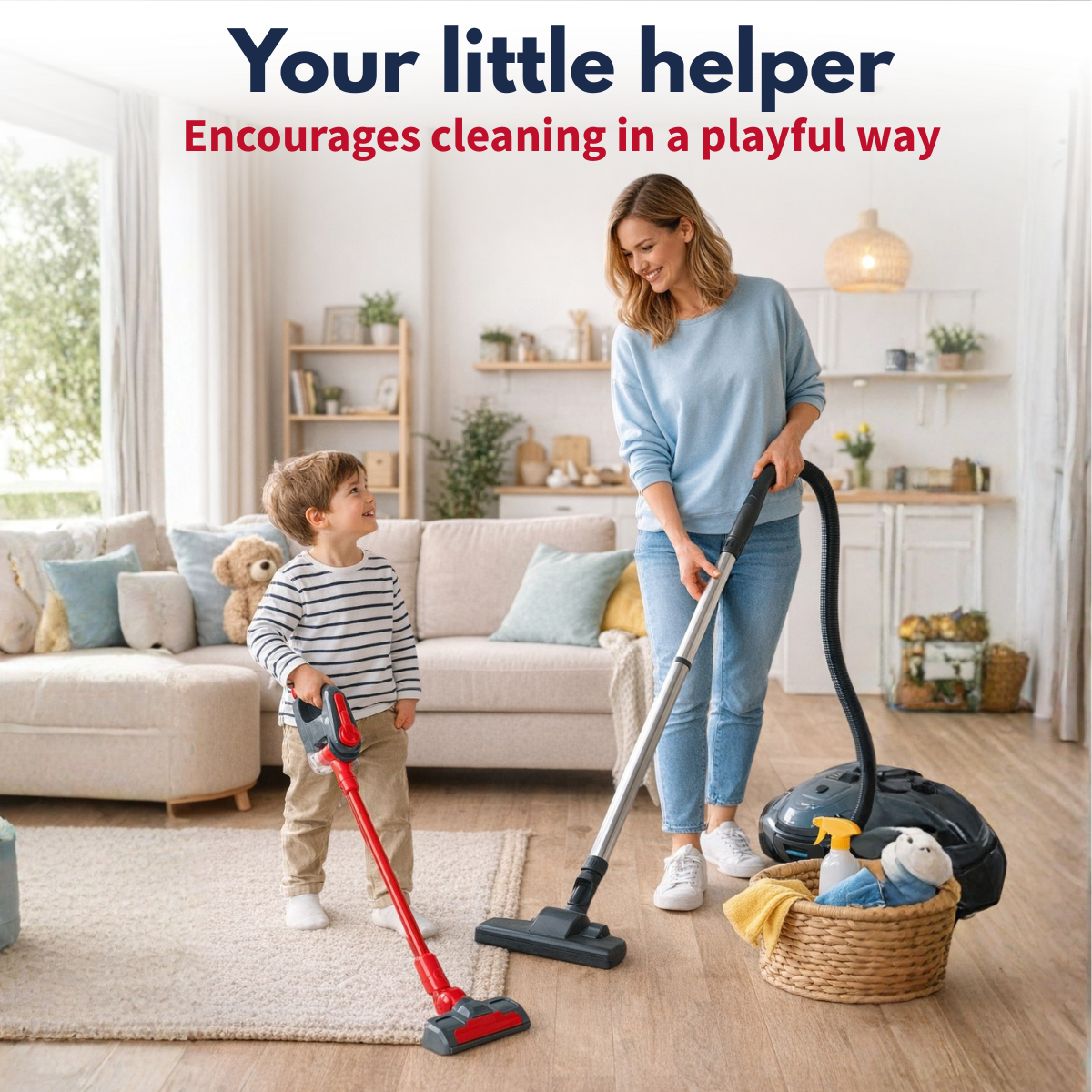 Mother and son vacuuming a living room. Boy uses toy vacuum, mom uses real one.