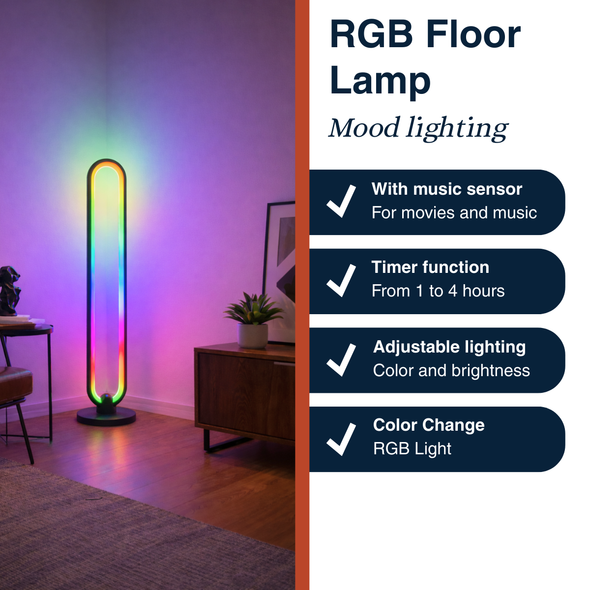 Eine moderne RGB-Stehleuchte mit Farbwechsel und einstellbarer Helligkeit.