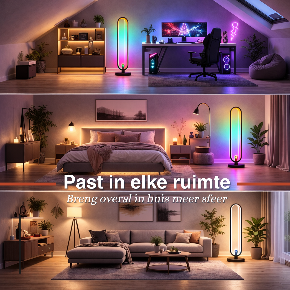 Ein Schlafzimmer, ein Arbeitszimmer und ein Wohnzimmer mit moderner Beleuchtung.