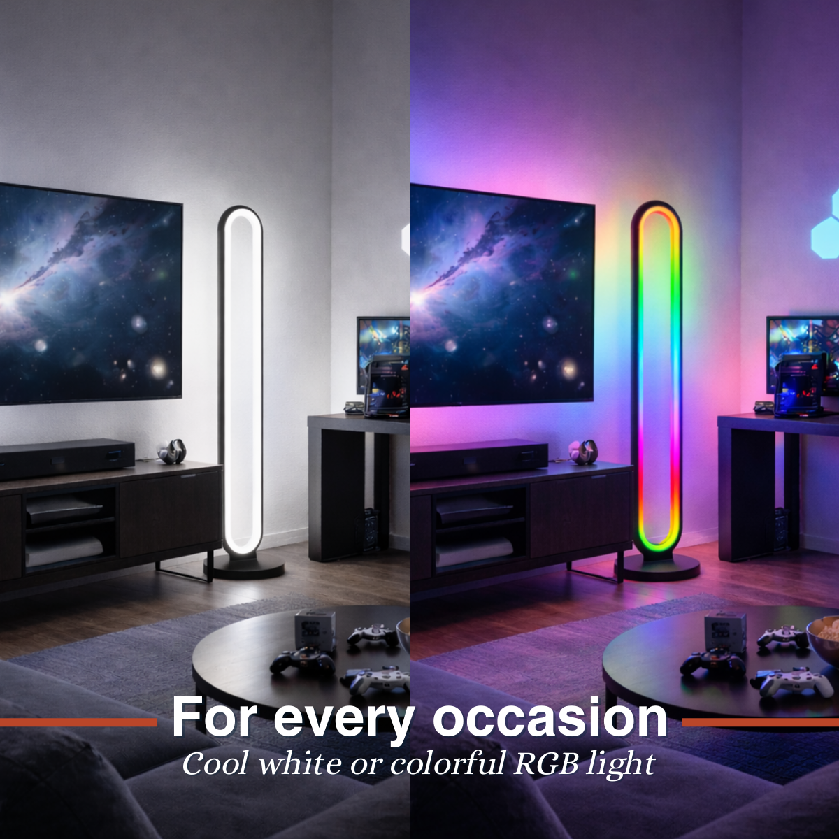 Ein Wohnzimmer mit einem Fernseher, einem Schrank und einem Stehleuchten-Display.