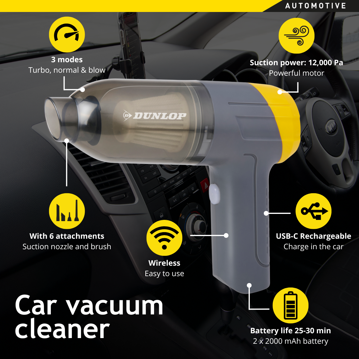 Un aspirateur de voiture portable Dunlop avec USB-C, 3 modes, 6 accessoires et 12.000 Pa.