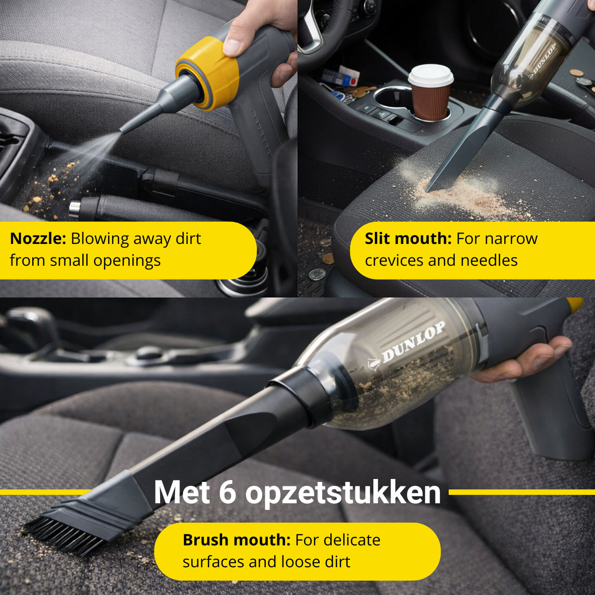 Nettoyeur d'intérieur de voiture avec buse, embout fente et brosse pour la saleté.