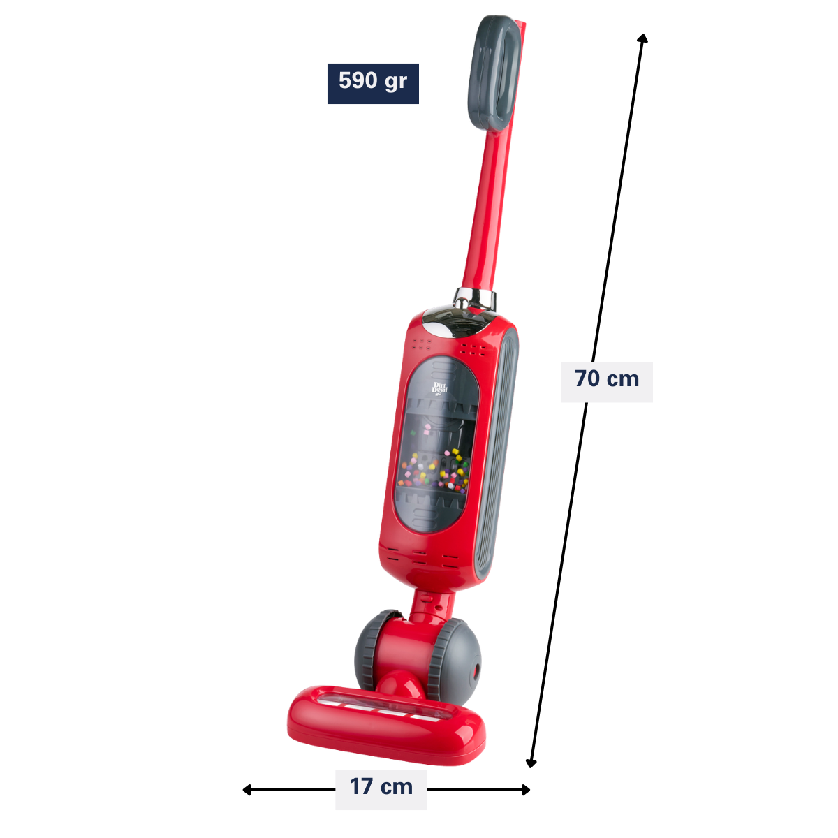 A red toy vacuum cleaner with a visible canister filled with colorful balls.