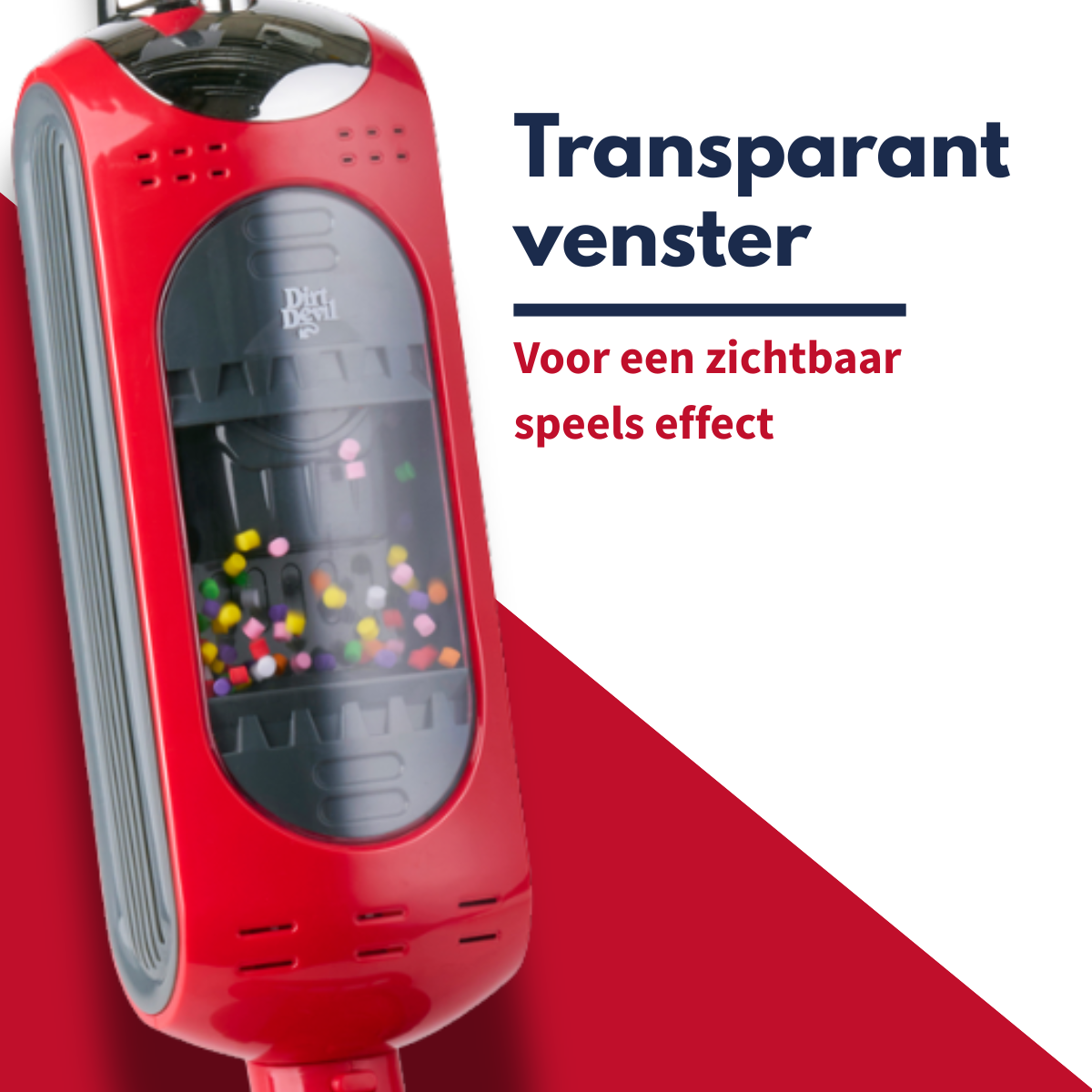 A red toy vacuum cleaner with a transparent window filled with colorful balls.