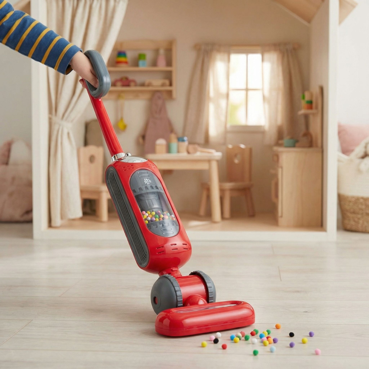 A child holds a red toy vacuum cleaner with colorful beads inside on a wooden floor.