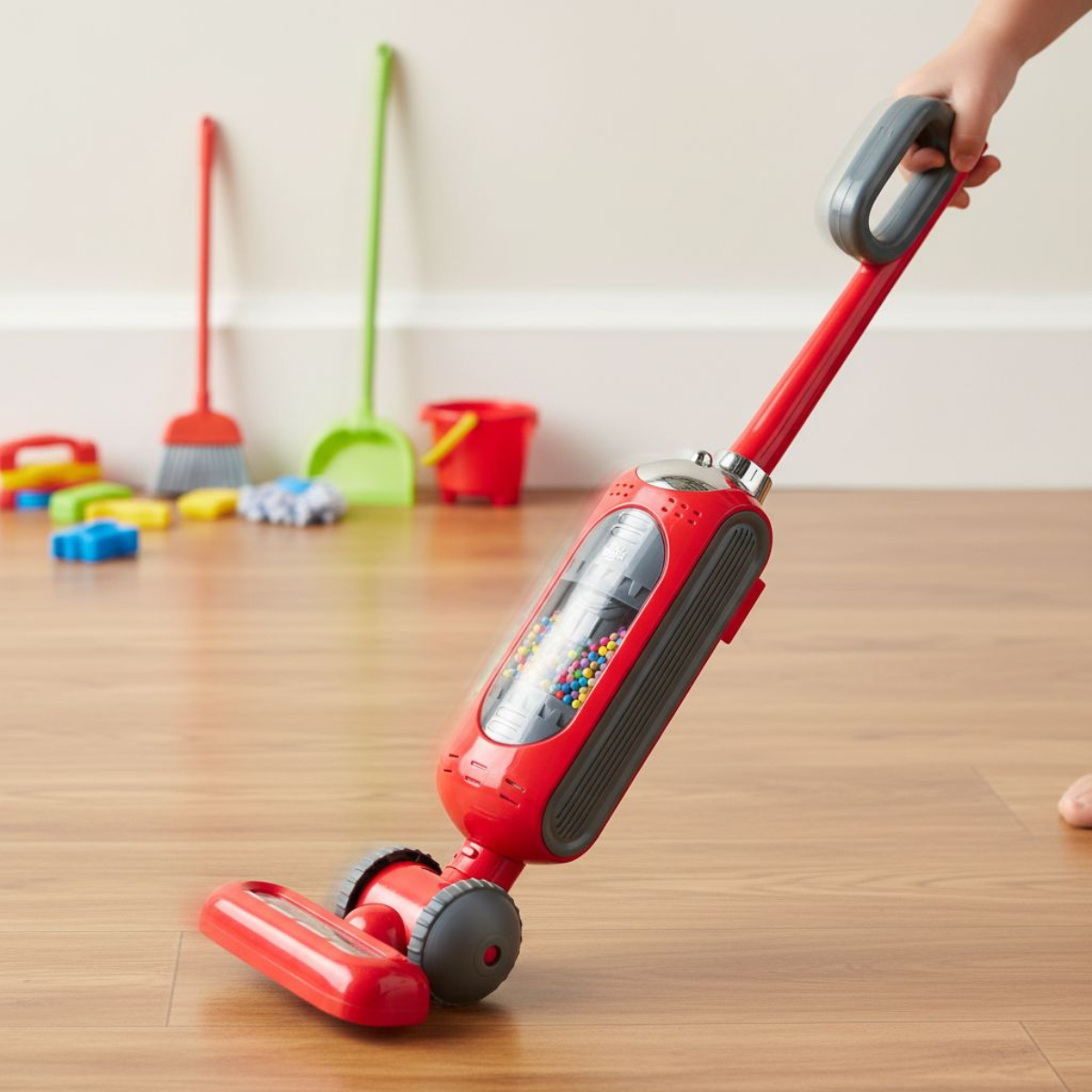Child holds a red toy vacuum with colorful balls inside. Broom and dustpan in background.