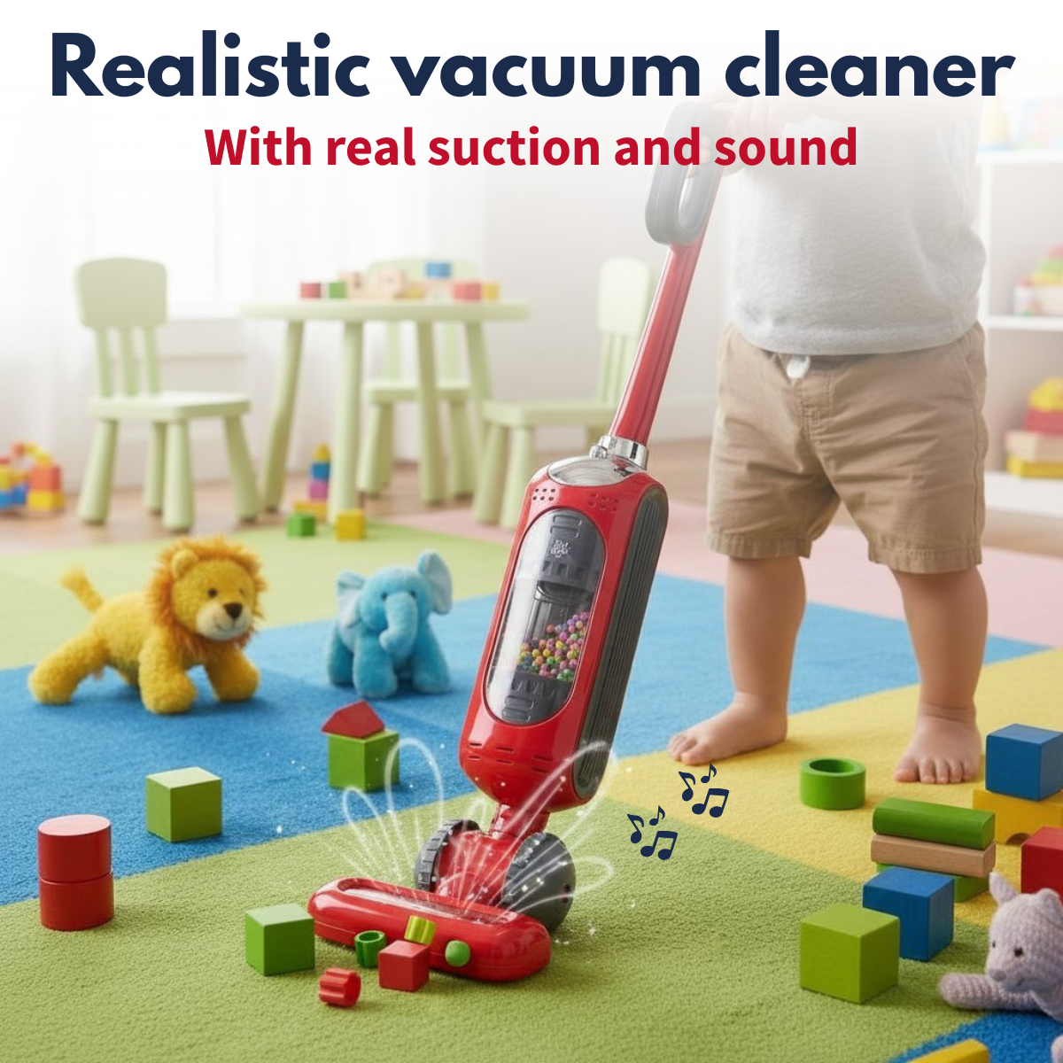 A child uses a red toy vacuum cleaner in a colorful playroom with toys.