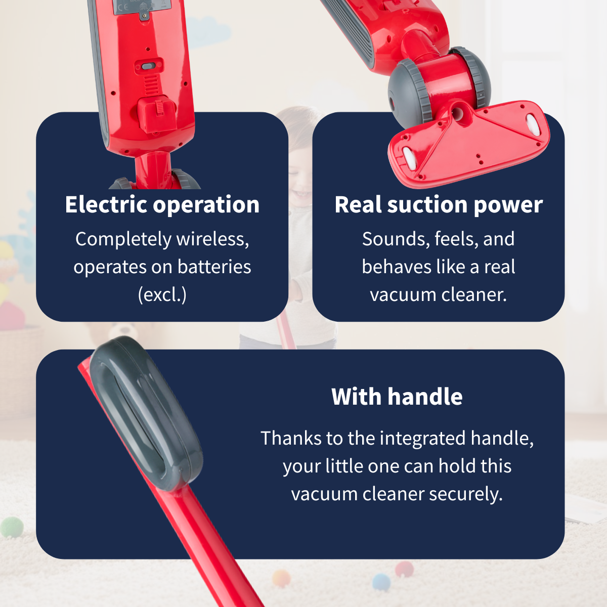 Red toy vacuum cleaner, electric, with handle. Wireless, battery operated.