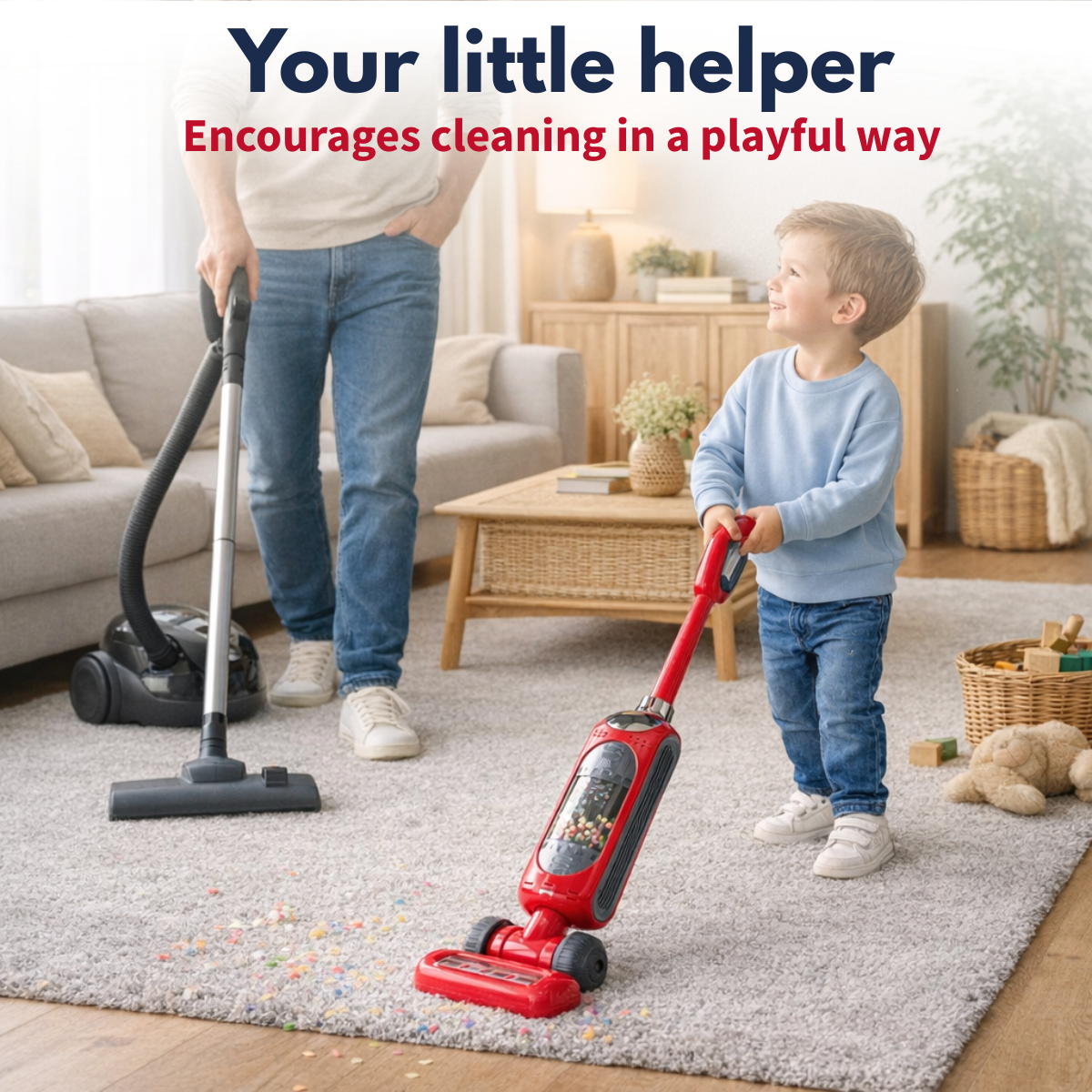 Man and child vacuuming carpet. Child holds red toy vacuum cleaner.
