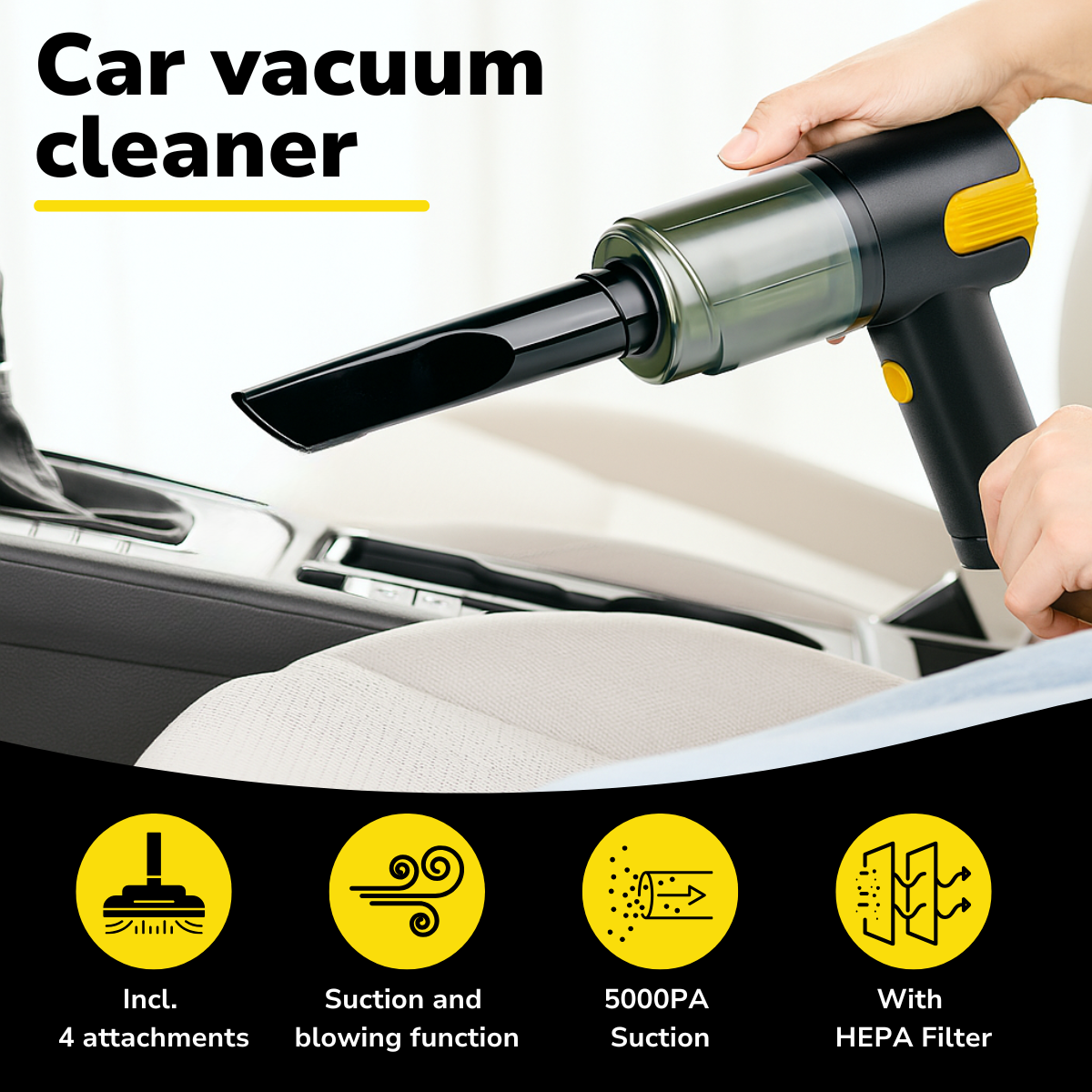 Aspirateur de voiture noir et jaune avec accessoires et fonctionnalités.
