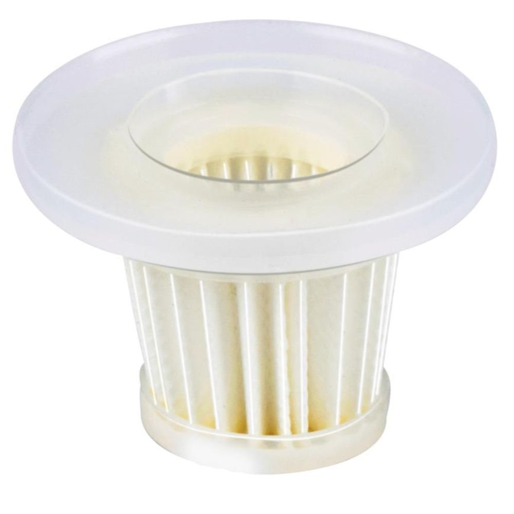Un filtre d'aspirateur blanc et cylindrique avec des plis et un bord supérieur transparent.