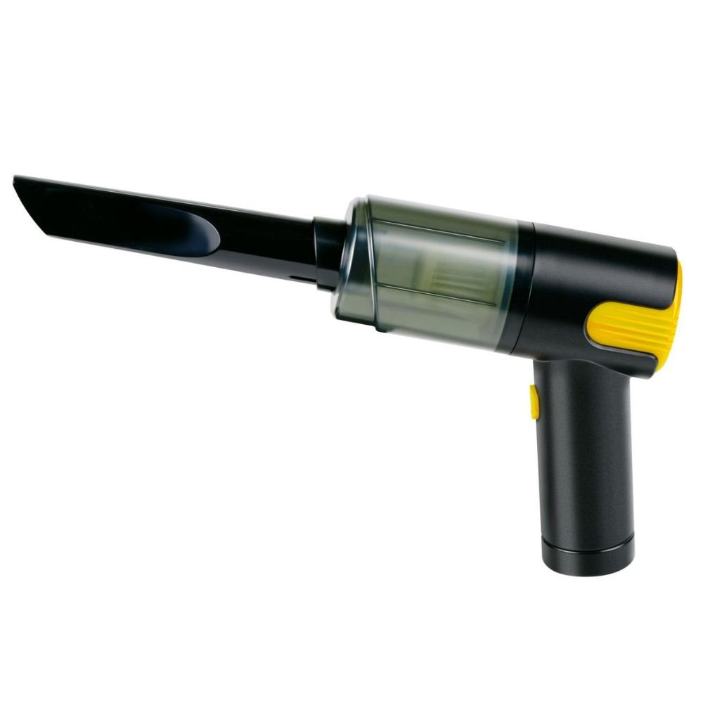 Un aspirateur à main noir avec des accents jaunes sur fond blanc.
