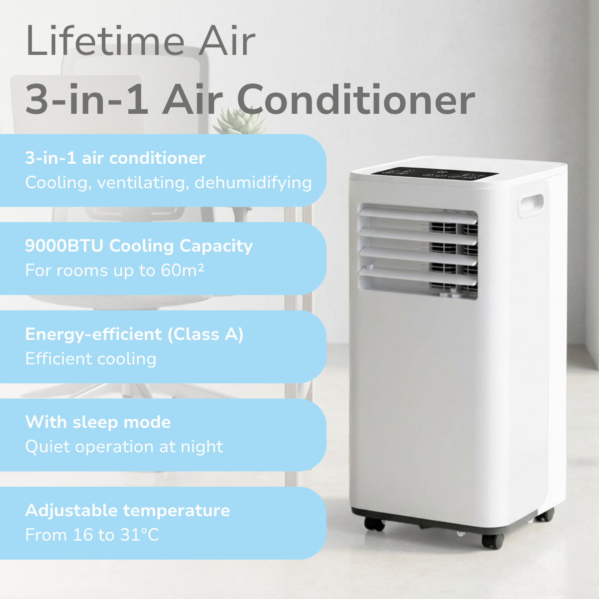 White portable air conditioner with features listed on a blue background.
