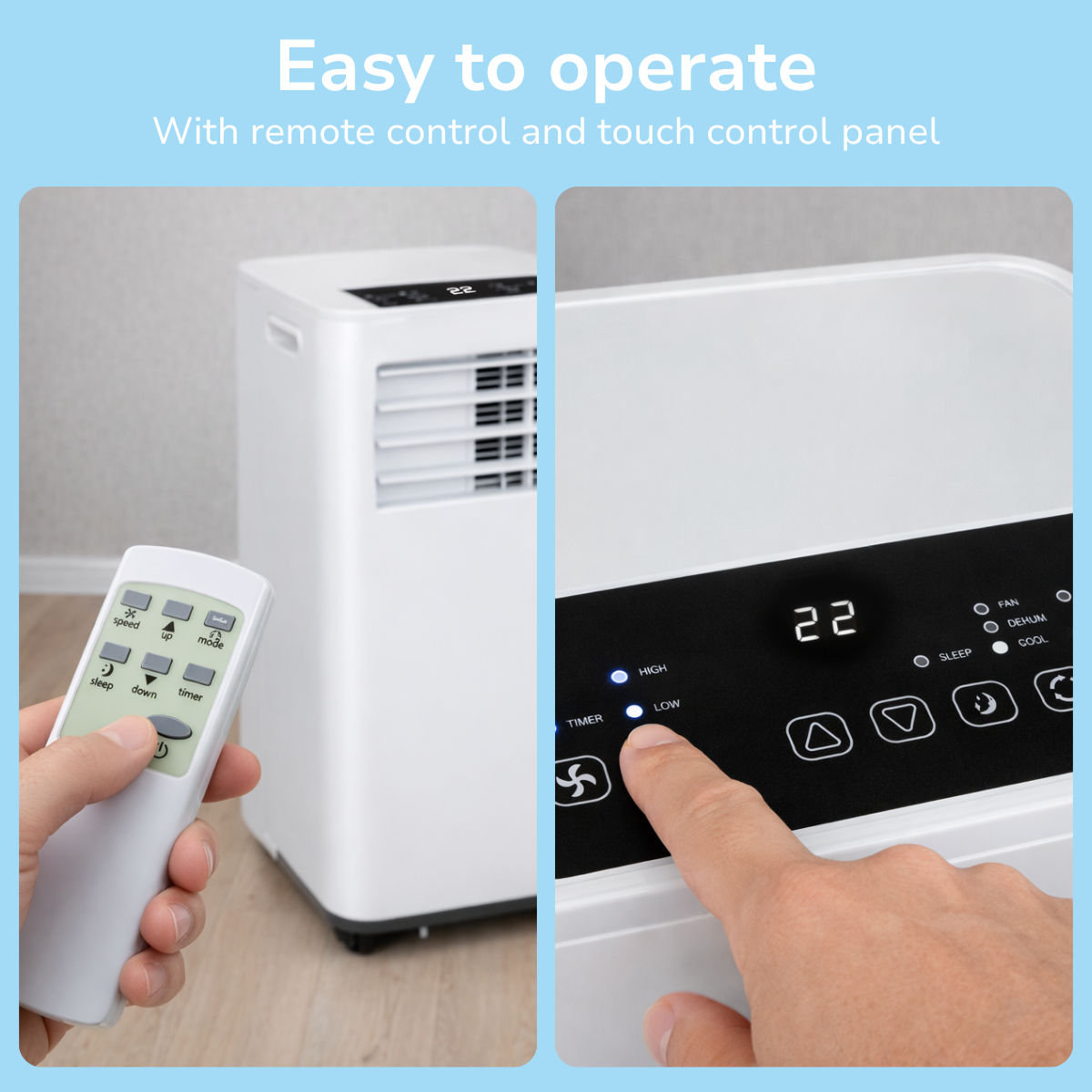 Operating a white air conditioner with remote control and touch panel.