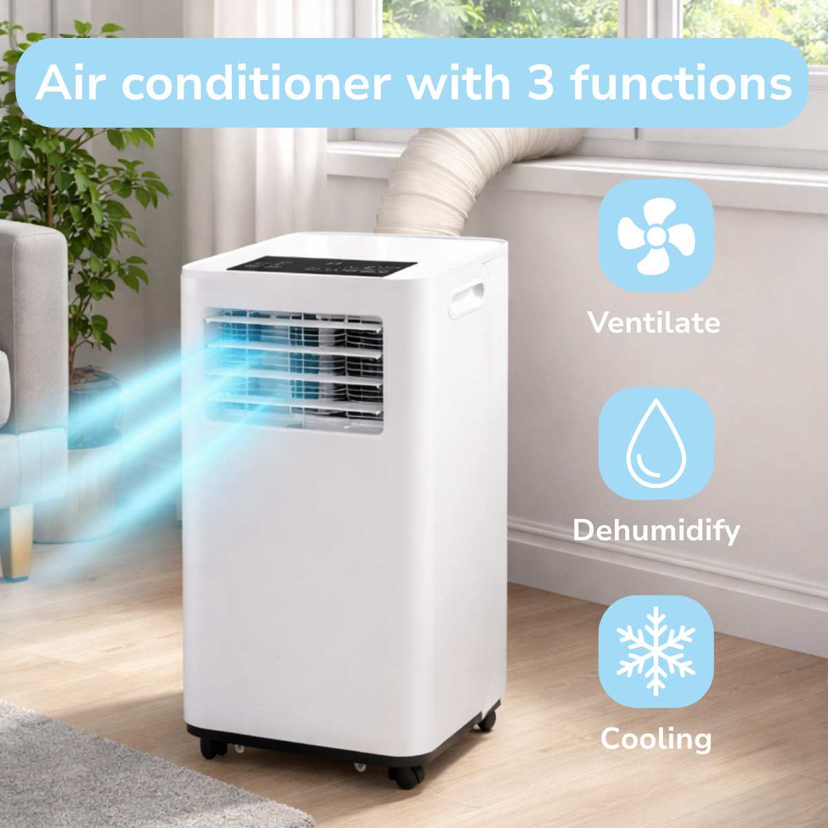 A white portable air conditioner with blue air output and three icons: Ventilate, Dehumidify, Cooling.