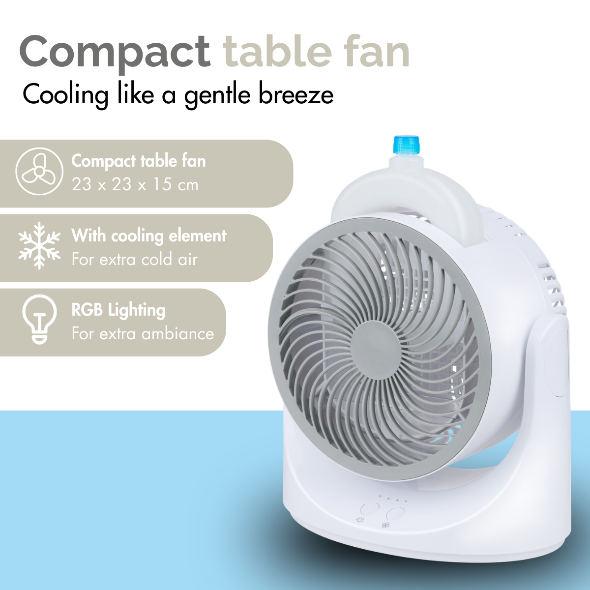 A white table fan with cooling element and RGB lighting on a blue background.