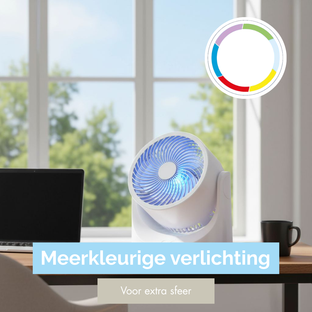 A white fan with blue lighting sits on a desk beside a laptop.
