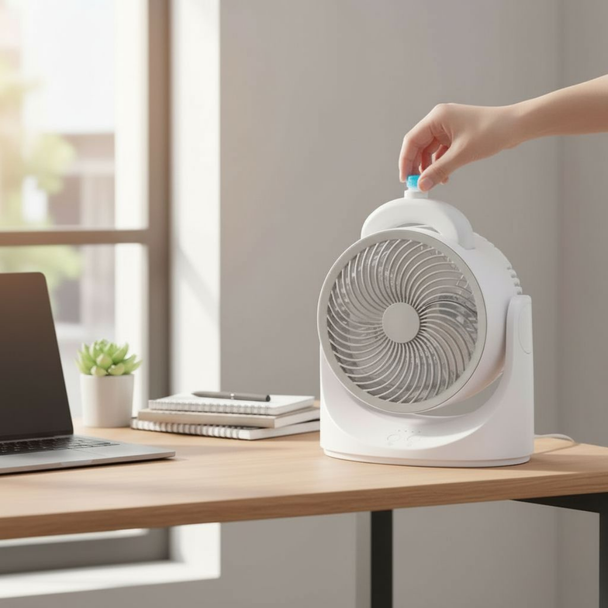 A white desk fan is adjusted by a hand. A laptop and books are on the desk.