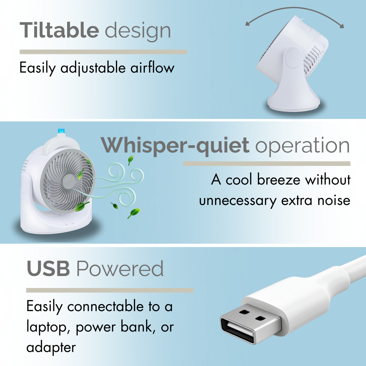 White fan with tiltable design, whisper-quiet operation, and USB powered.