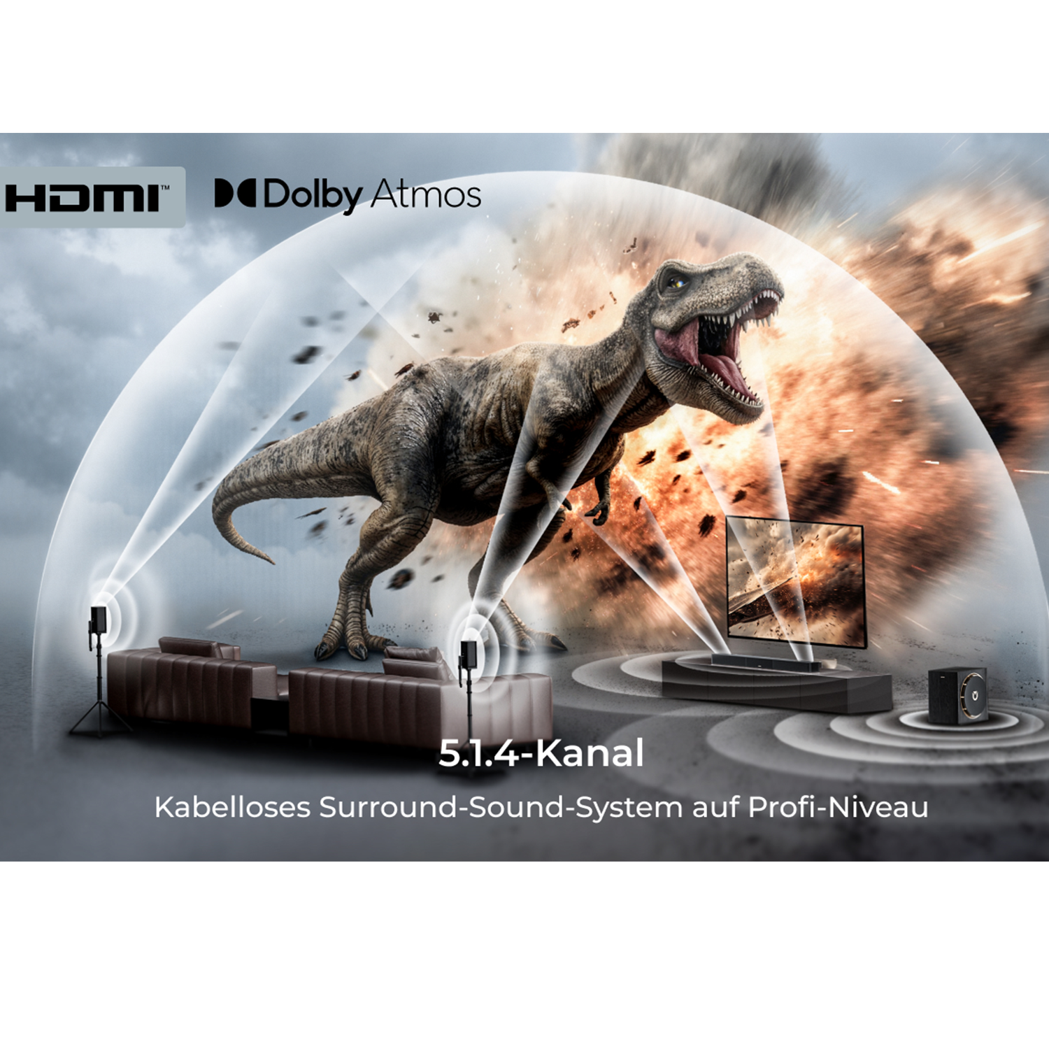 T-Rex wybucha przed telewizorem z HDMI i Dolby Atmos.