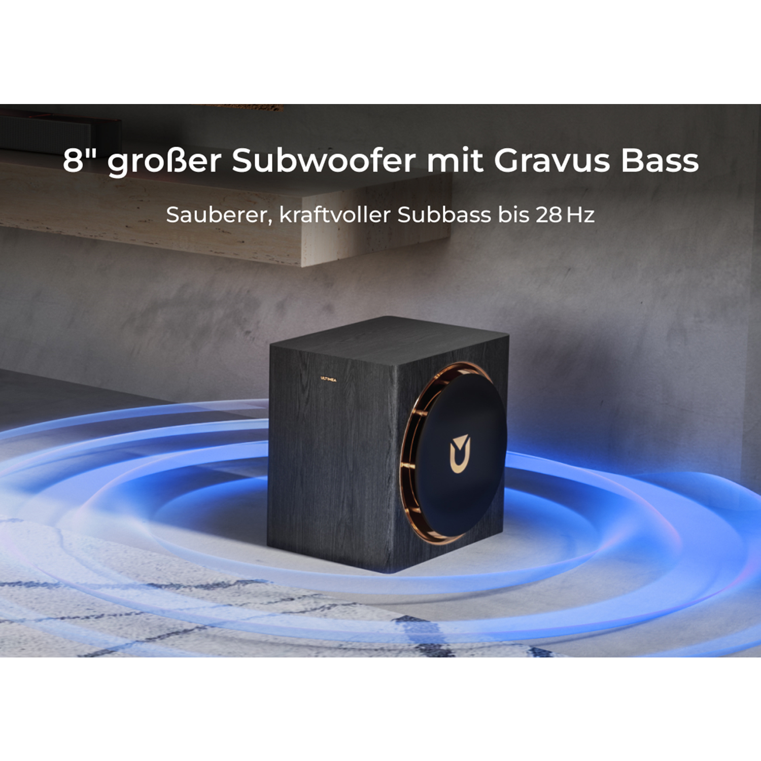 Czarny subwoofer z Gravus Bass i niebieskimi falami.