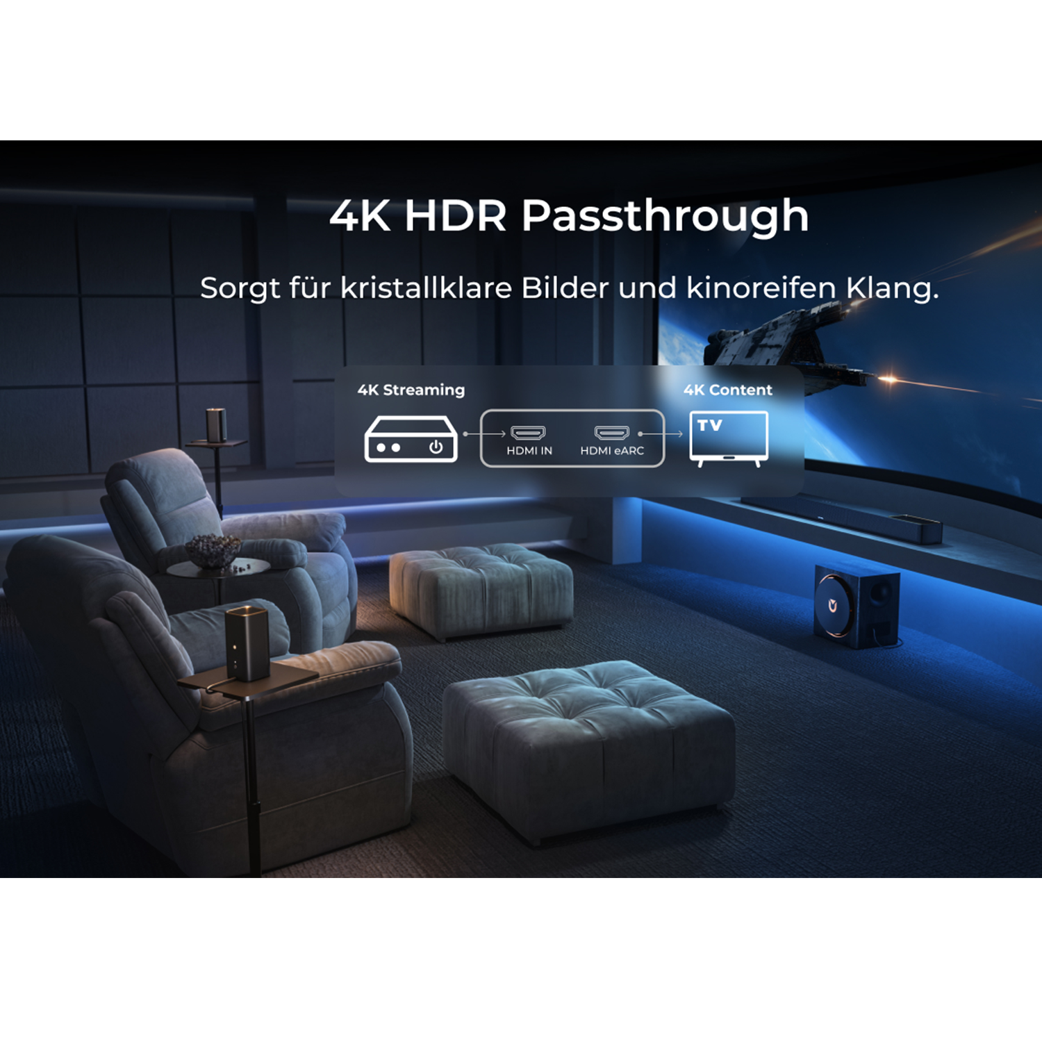 Luksusowe kino domowe z wyświetlaczem 4K HDR i schematem streamingu.