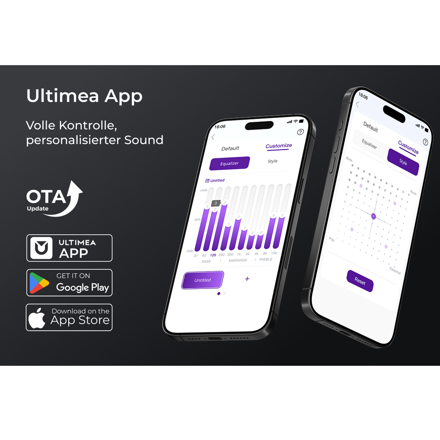 Wyświetlacz aplikacji Ultimea z dwoma telefonami pokazującymi ustawienia korektora.