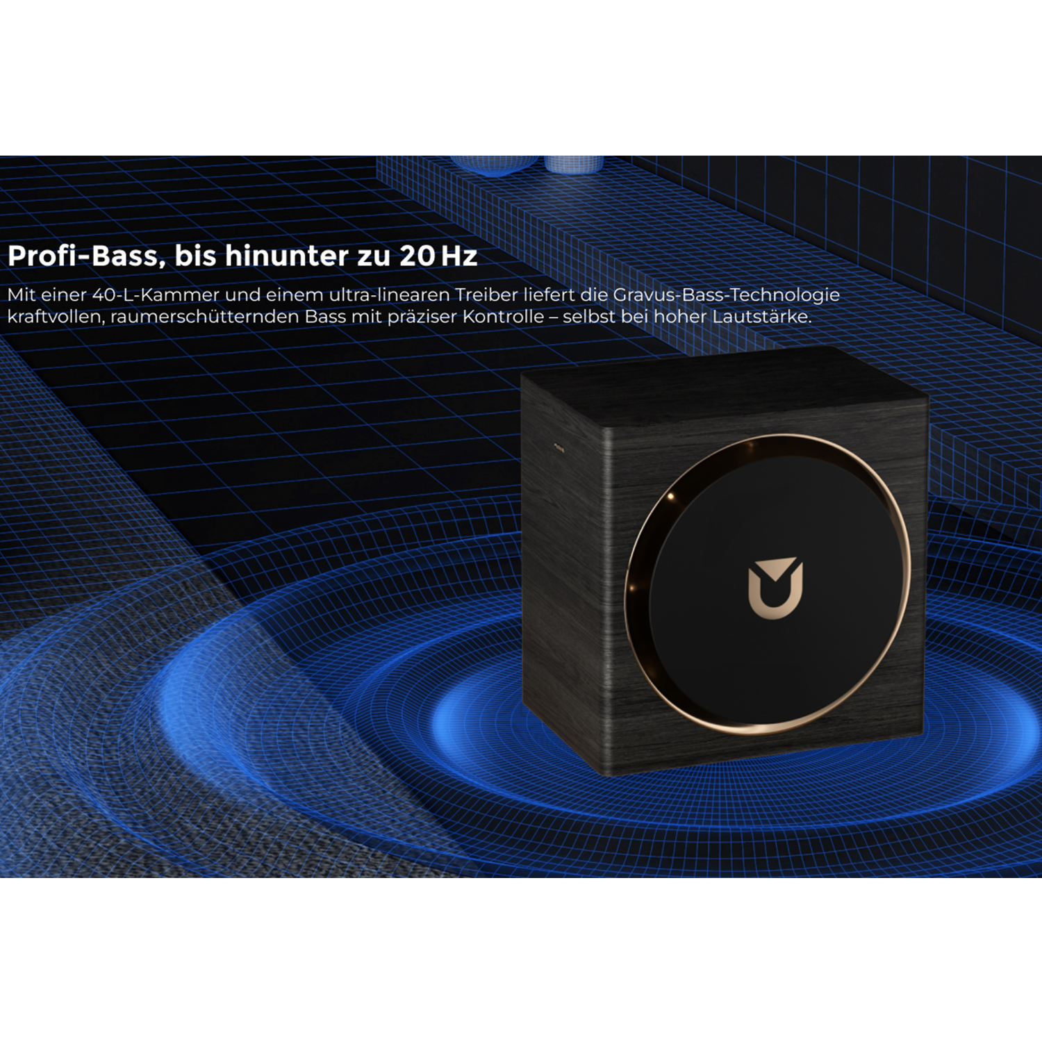 Ciemny subwoofer ze złotym wykończeniem, otoczony niebieskimi falami dźwiękowymi.