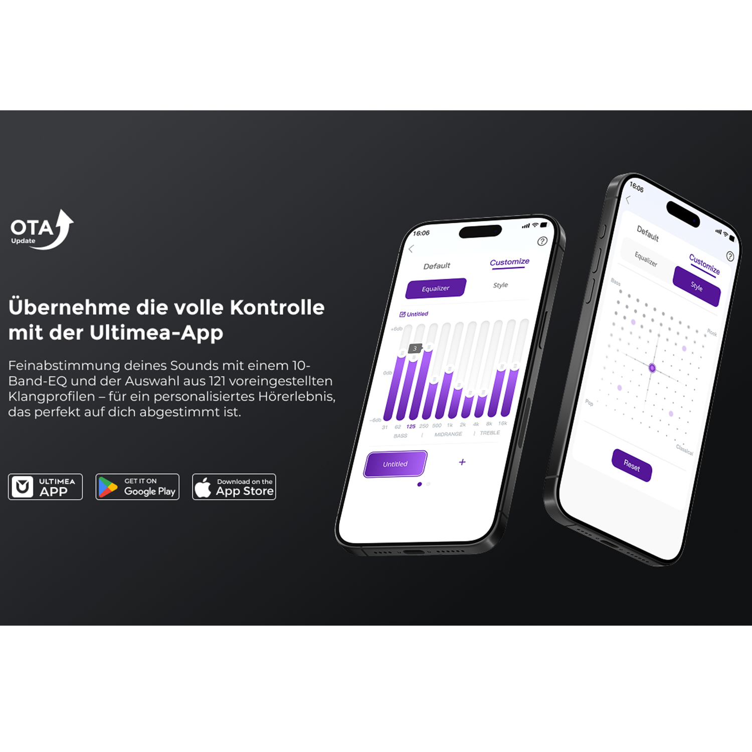 Dwa smartfony pokazują aplikację Ultimea z ustawieniami korektora i stylu.