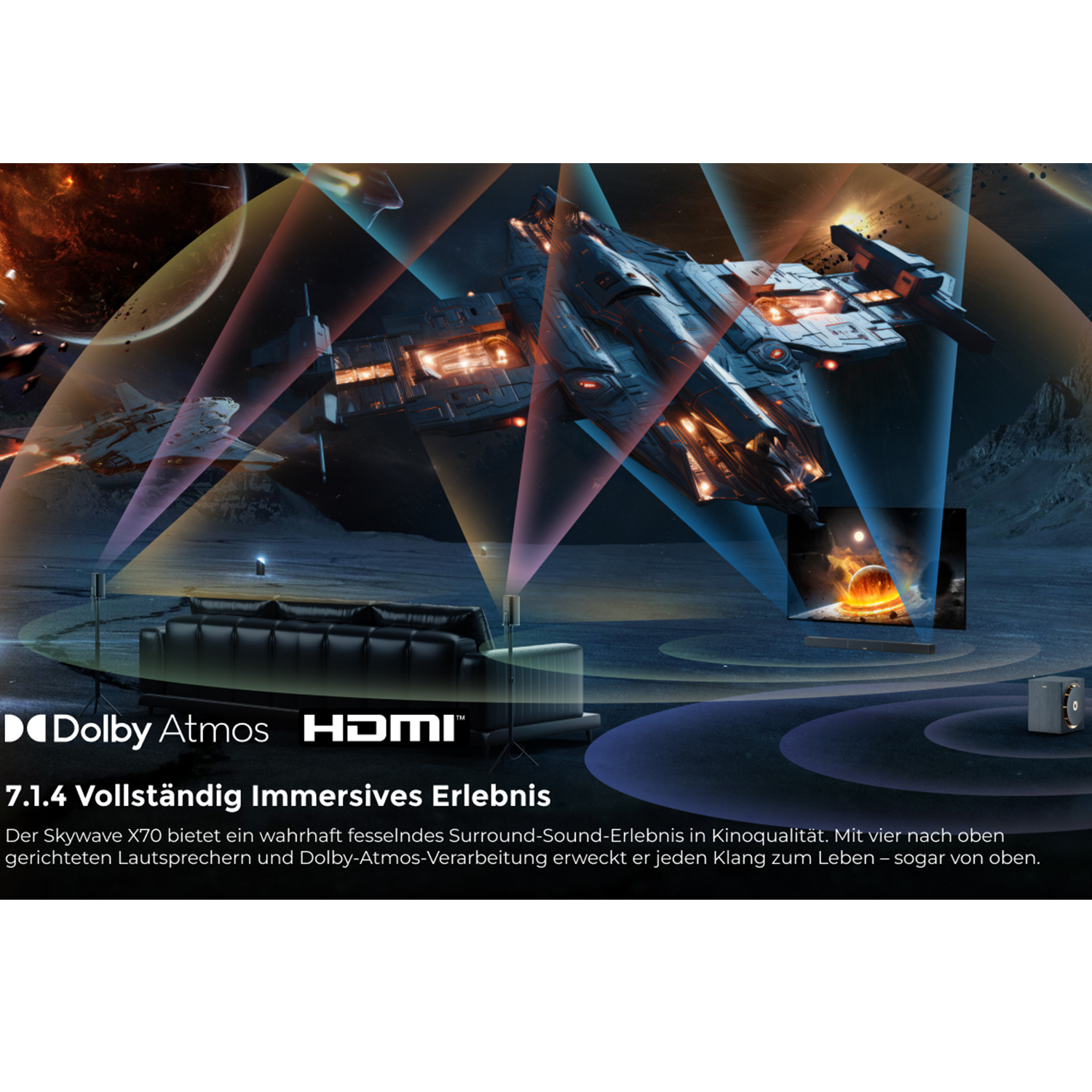 Statek kosmiczny i scena z planetą z logo Dolby Atmos i HDMI.