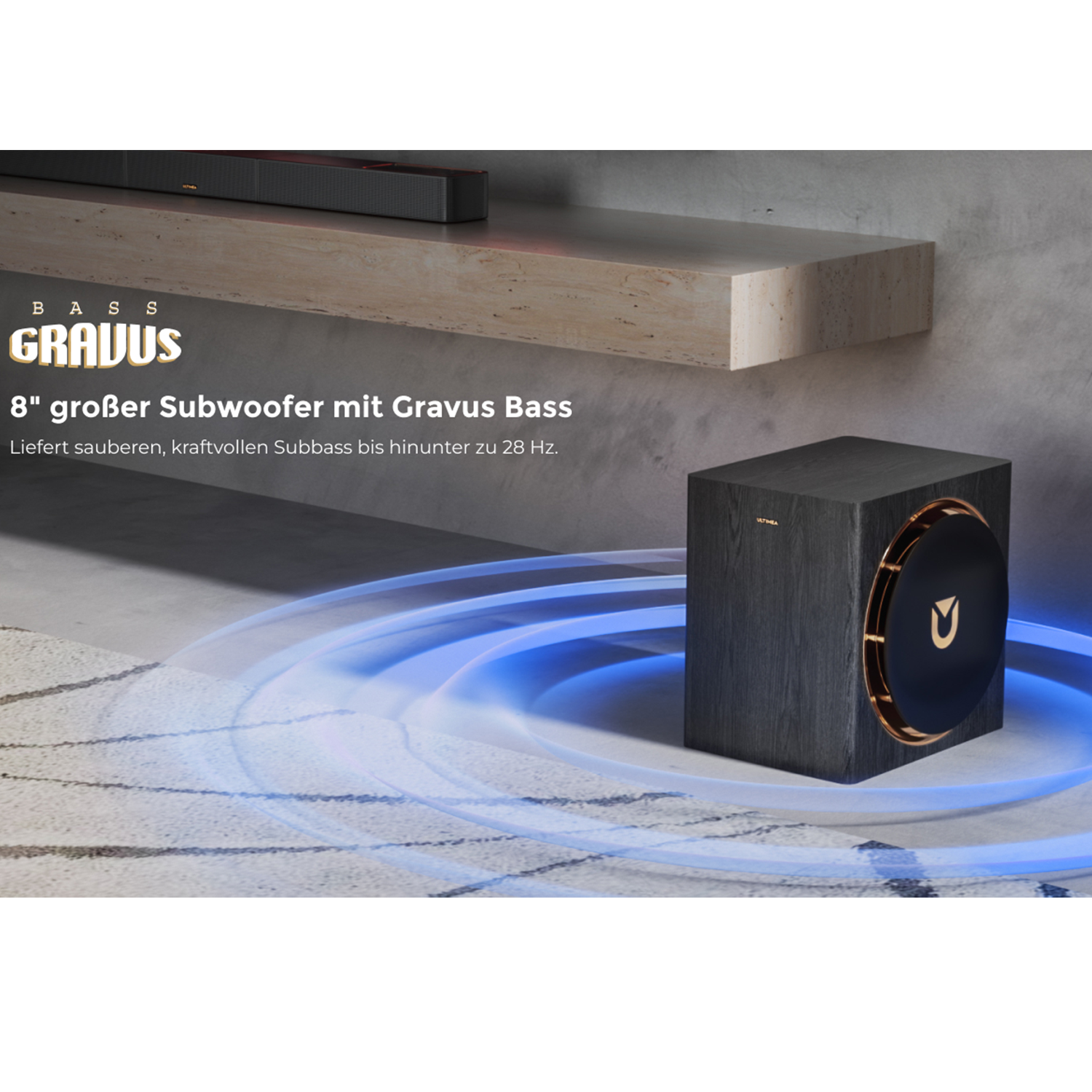 Ciemny subwoofer ze złotą ramką i niebieskimi falami dźwiękowymi.