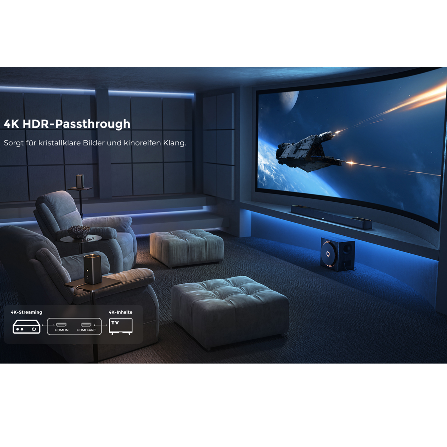 Domowe kino z luksusowymi fotelami i dużym zakrzywionym ekranem pokazującym bitwę kosmiczną.