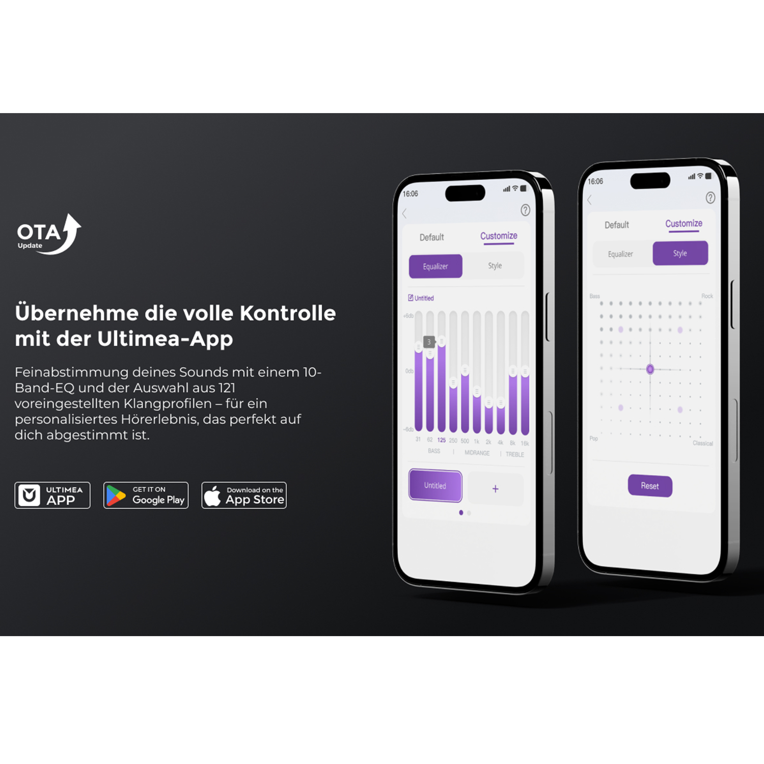 Dwa iPhone'y pokazują aplikację do personalizacji dźwięku z korektorem i stylami.