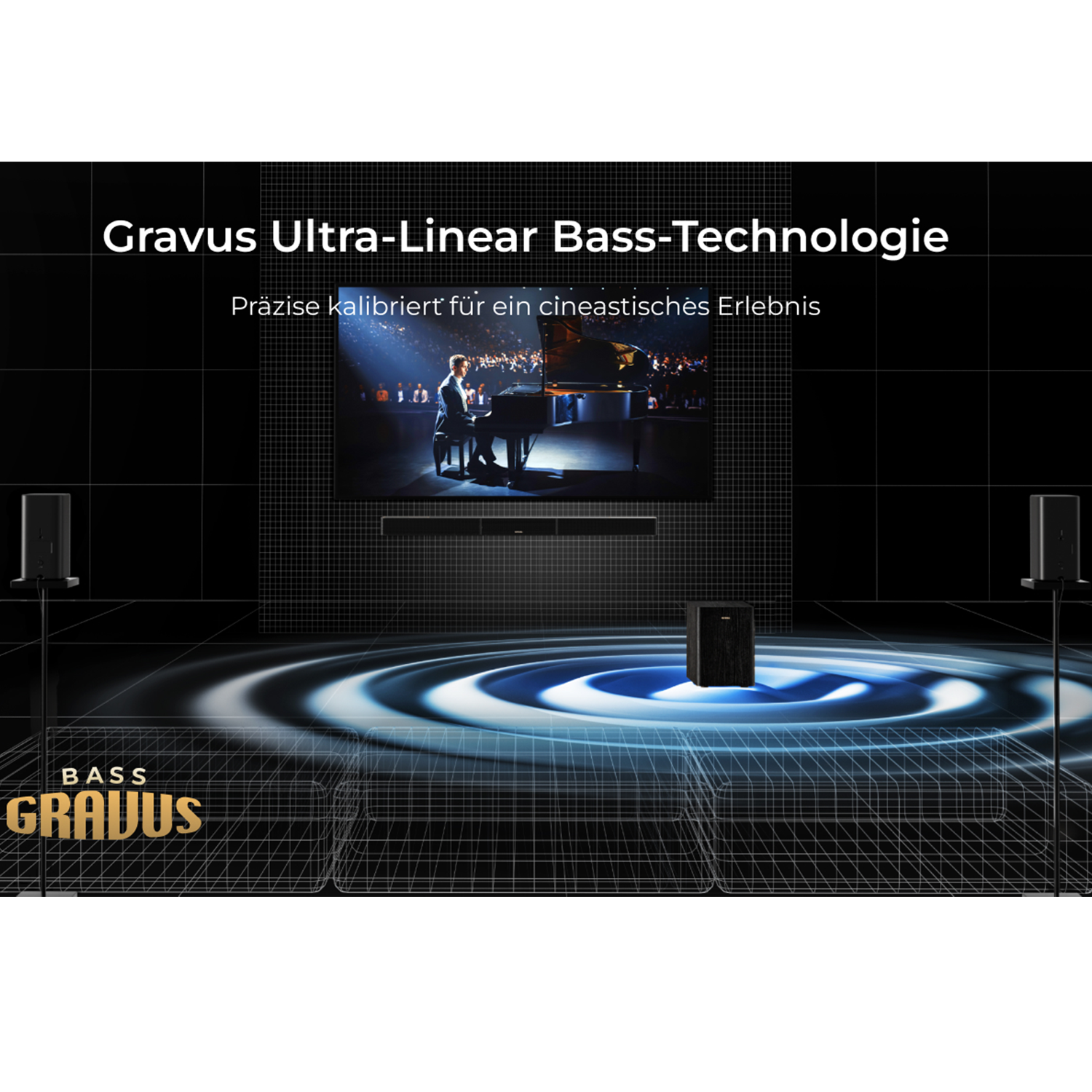 Technologia Bass Gravus z pianistą na scenie przed sceną kinową.
