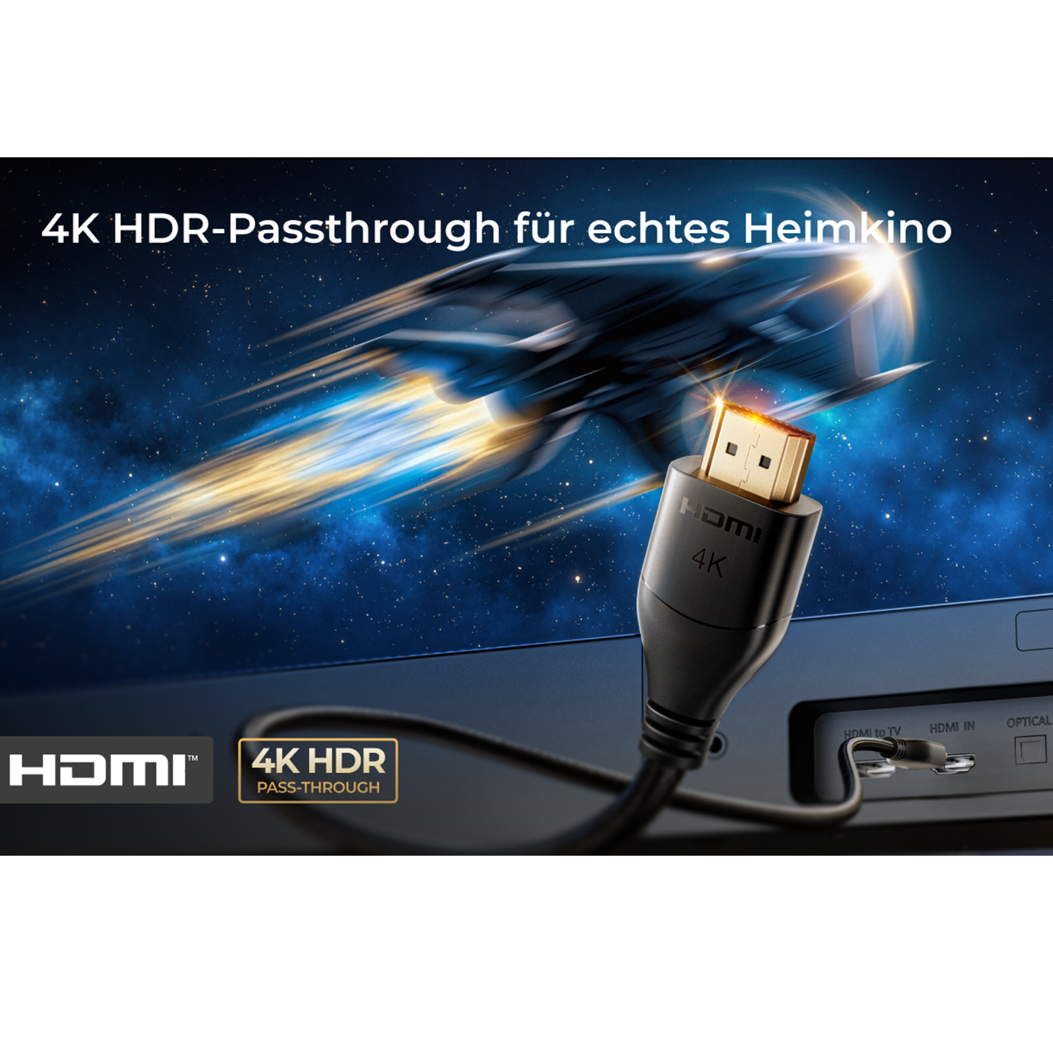 Kabel HDMI podłączony do urządzenia z logo 4K HDR Passthrough.