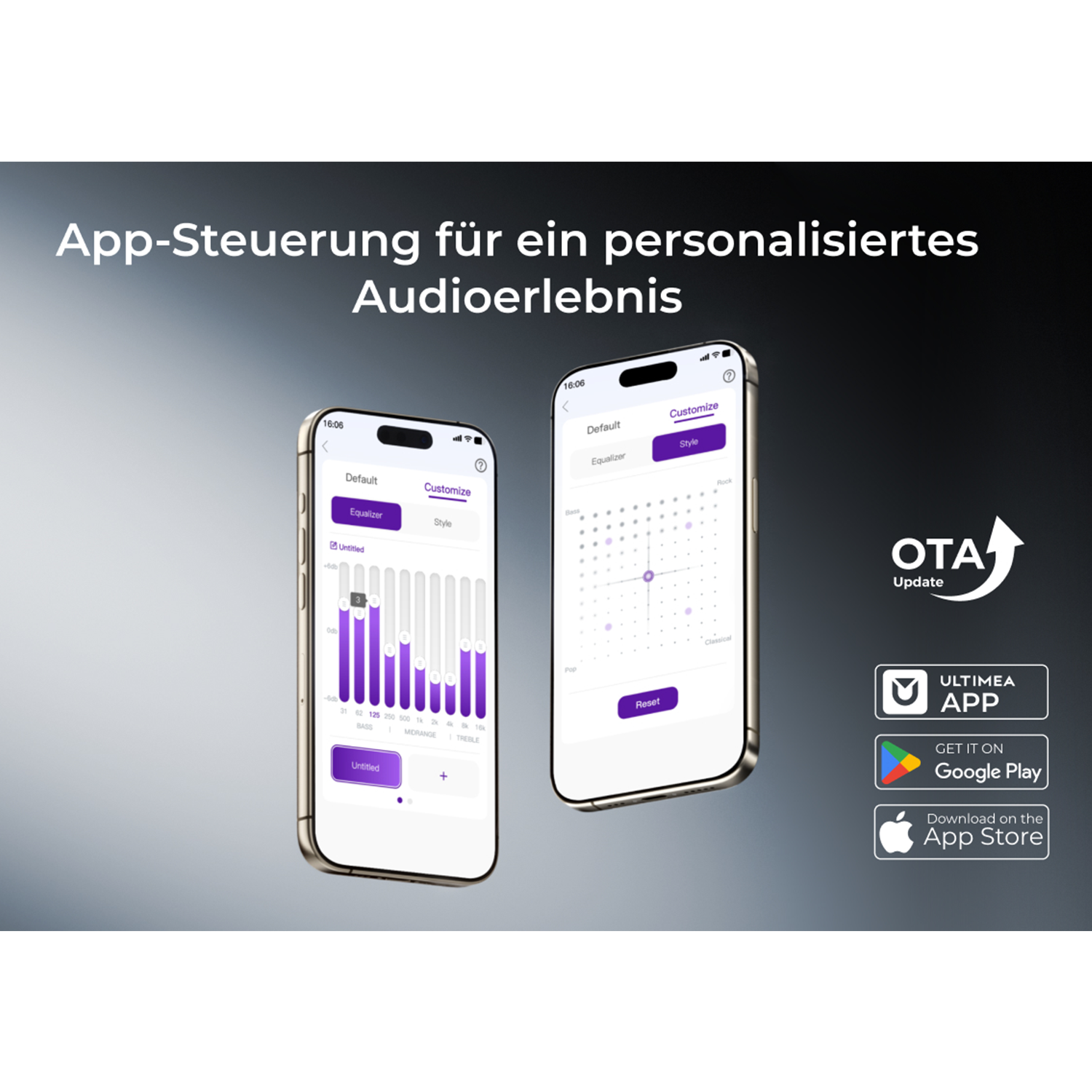 Dwa smartfony pokazują aplikację korektora dźwięku i logo aktualizacji OTA.