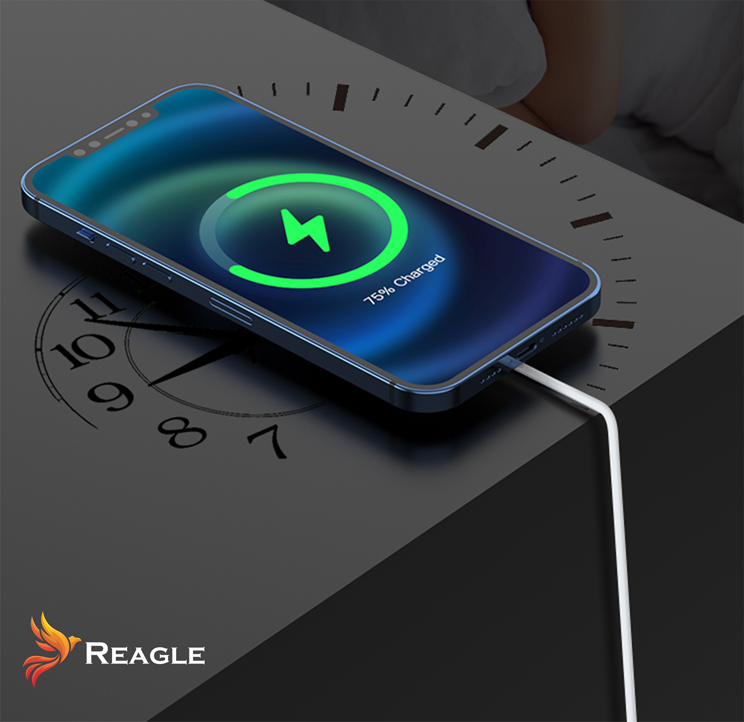 Un smartphone cargando, con un reloj de fondo. 75% cargado.
