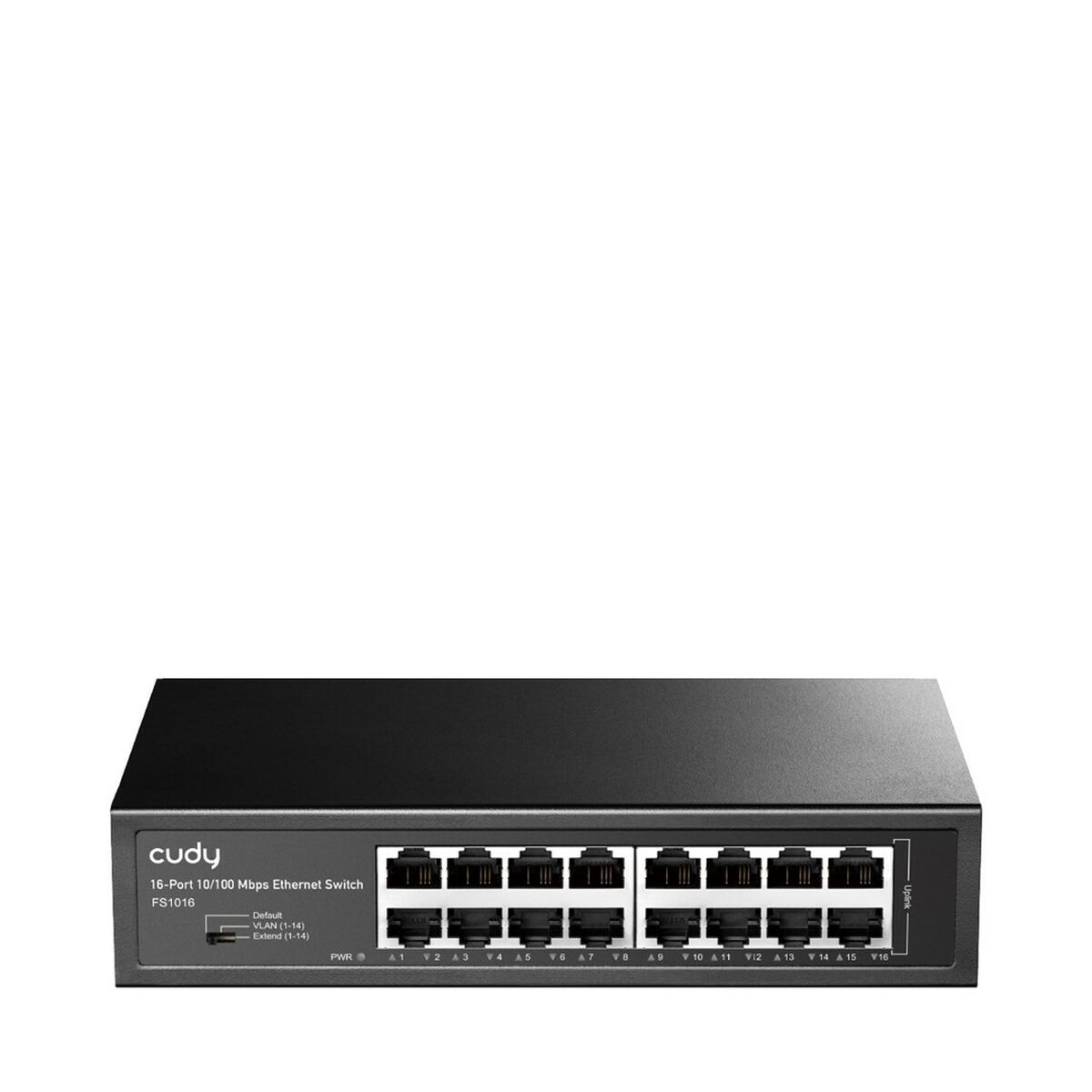 Etiketler ve portlar içeren siyah 16 portlu Ethernet anahtarı.